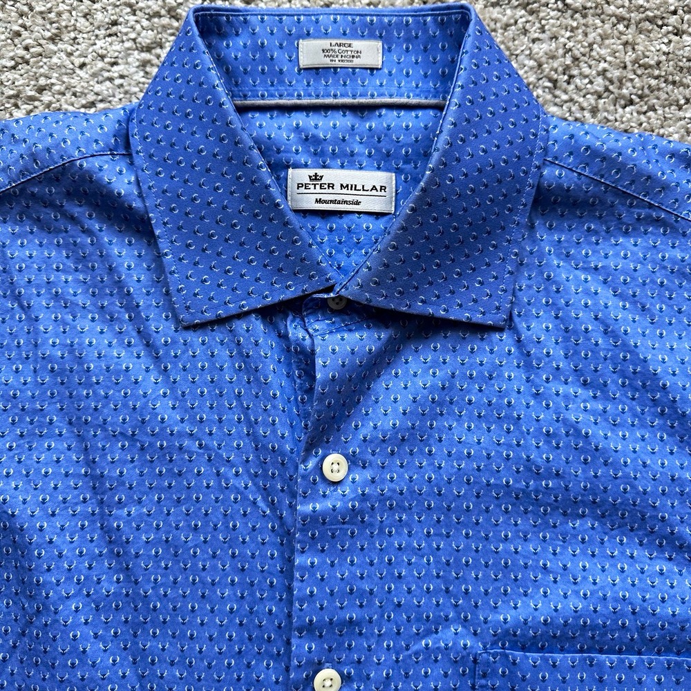 Peter Millar Mountainside Men's Large Blue Antler Stag Micro Print Shirt EUC 565